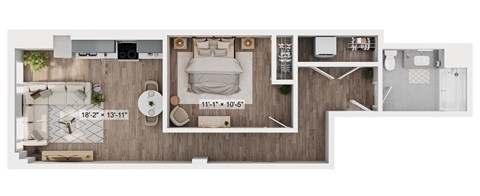 Floor plan for 1 bed, 1 bath, 682 sqft
